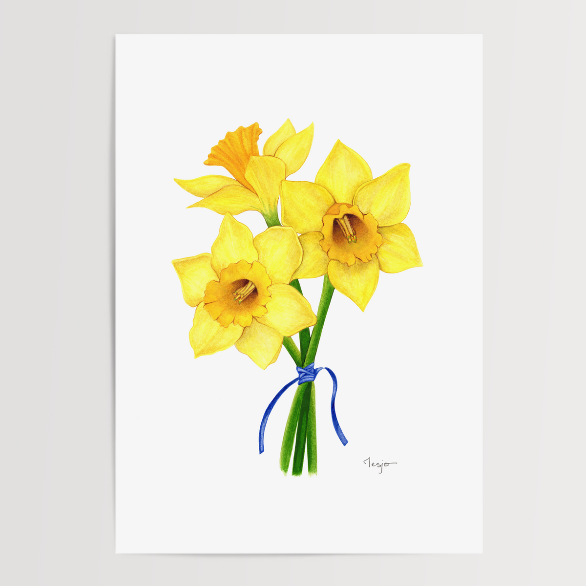 A watercolor painting floral print showing a bouquet of three yellow daffodils tied with a blue ribbon, centered on a white rectangular paper.