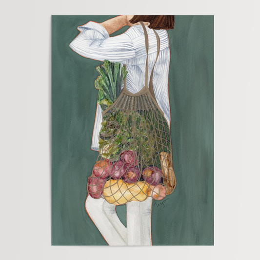 Illustration of a girl holding a cotton string shopping bag filled with farmer's market  fresh vegetables against an emerald green background