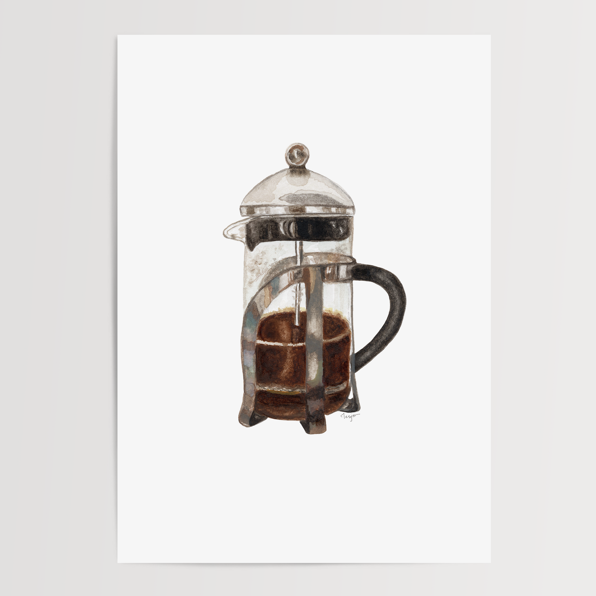 French press with coffee on a white background