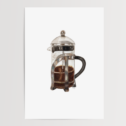 French press with coffee on a white background
