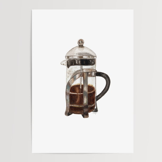 French press with coffee on a white background