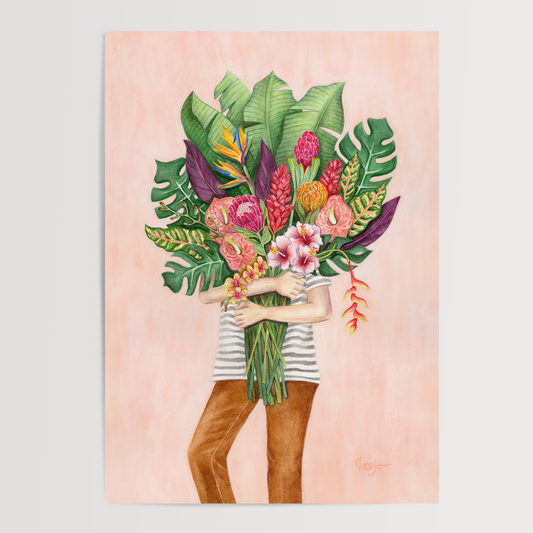 Illustration of a person holding a bouquet of tropical flowers against a pink background