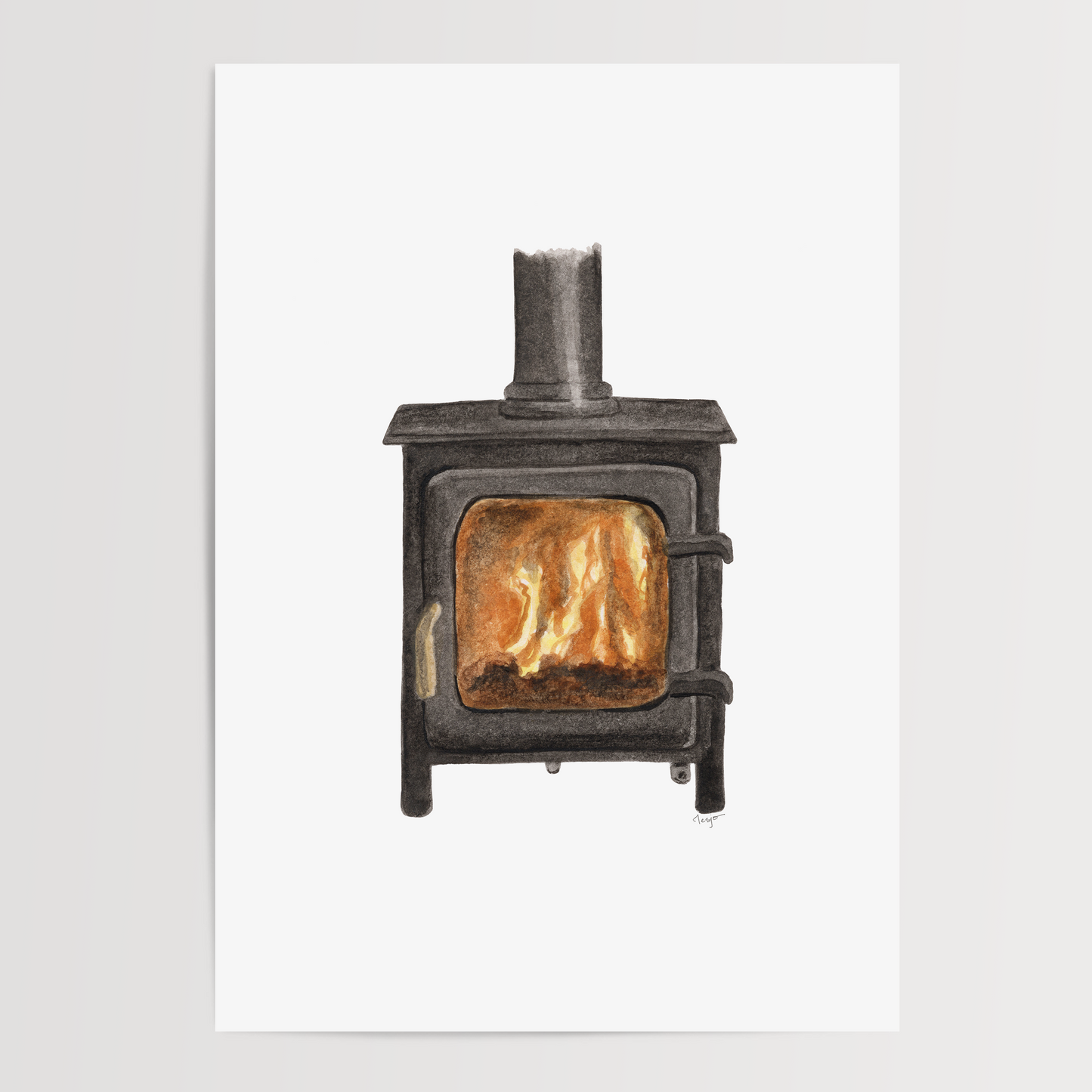 Wood burning stove painting on white background