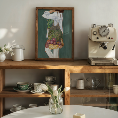 Wooden shelf with a coffee machine, cups, and a framed artwork of a girl holding a cotton string bag with farmer's market vegetables.